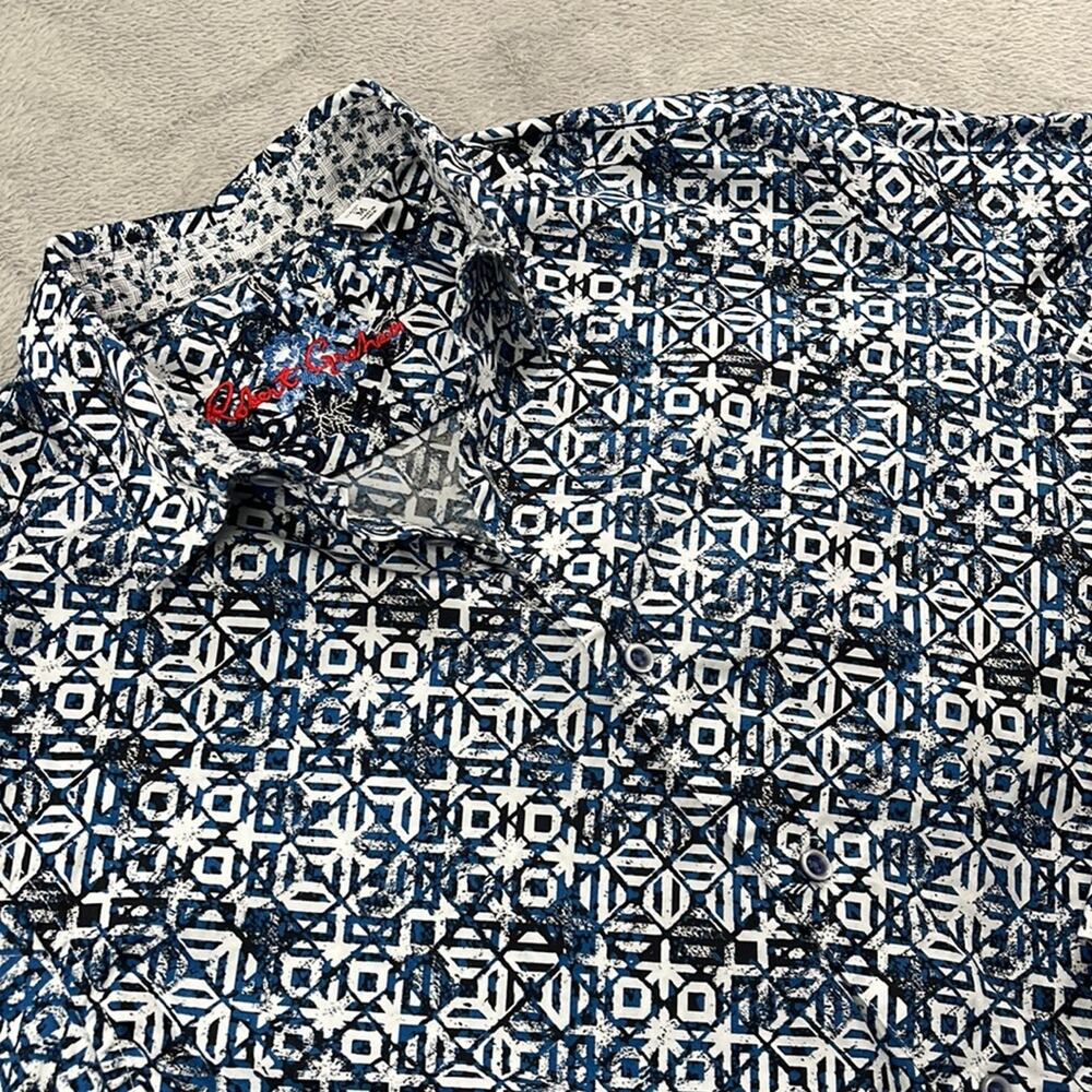 Robert Graham M Mens Blue White Cotton Pierson Geometric Long Sleeve Button Down